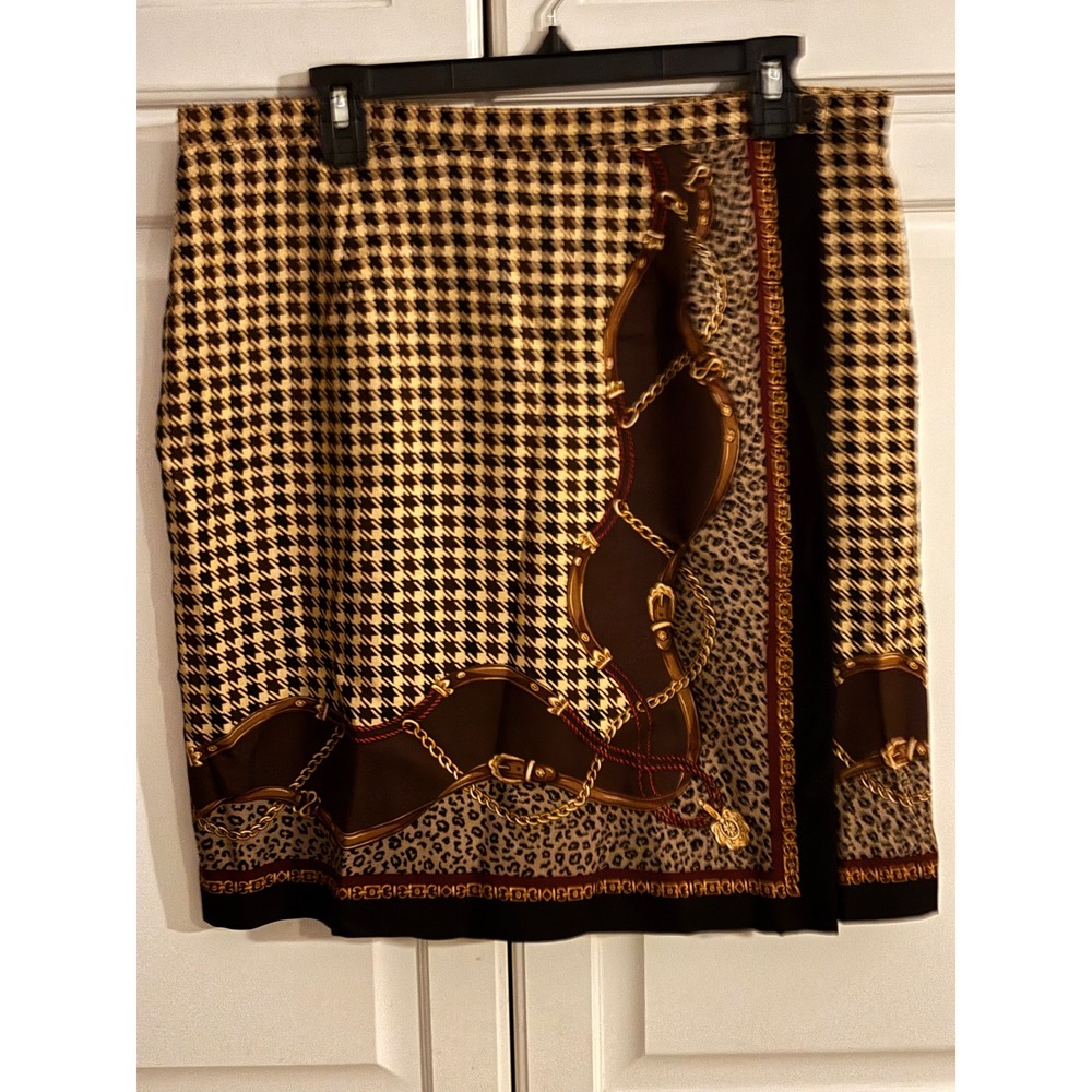 Talbots Womens 16 Brown Silk Houndstooth Chain Leopard Print Pencil Skirt - Picture 3 of 8